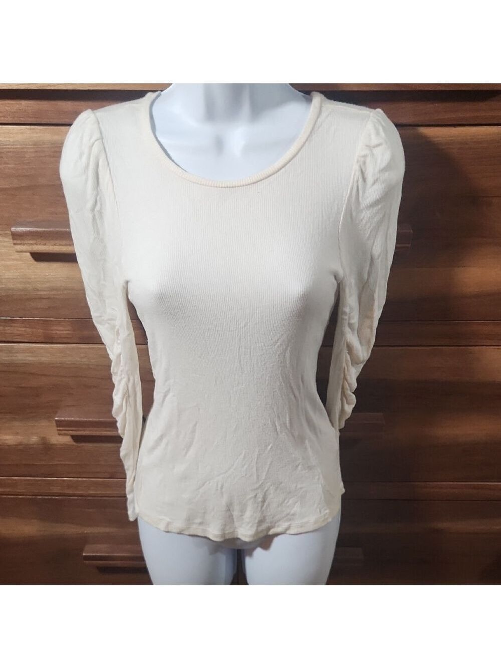 Bar III Cream Round Neck Rouched Casual SMALL Long Sleeve Top